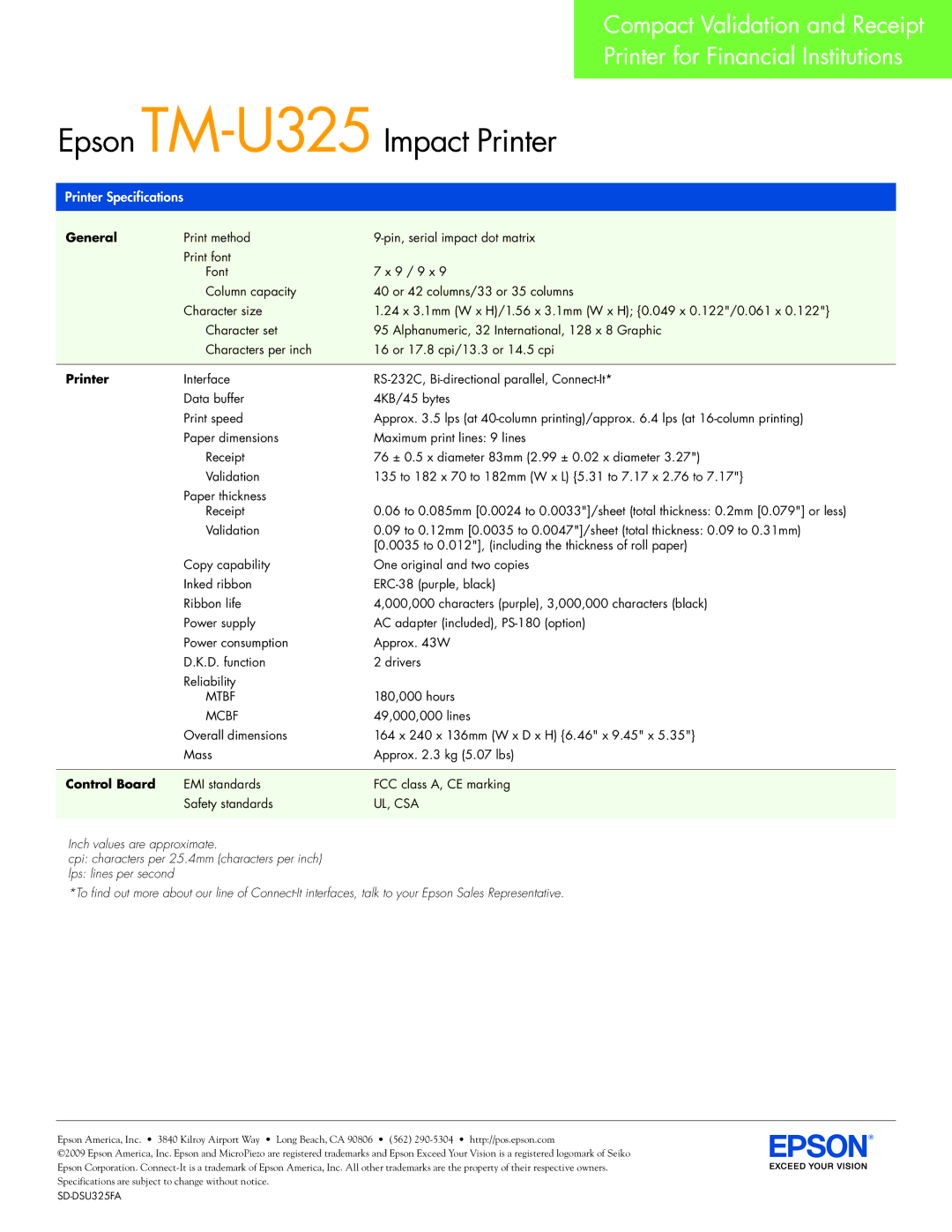 Epson U325 warranty General, Printer, Control Board 