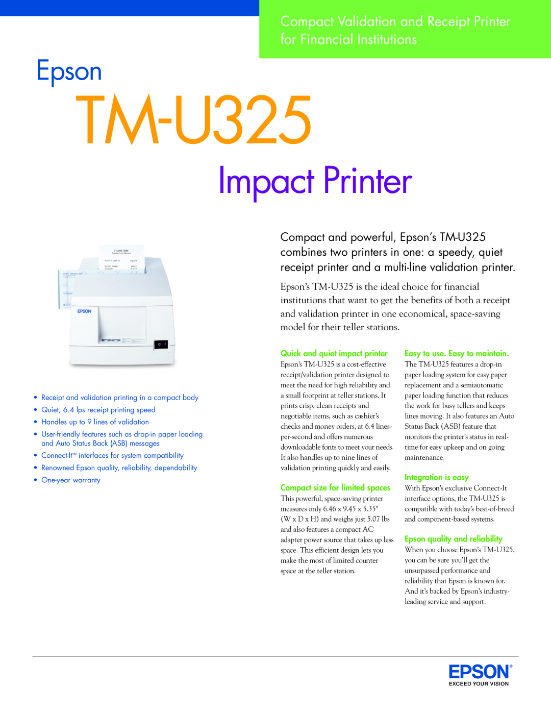 Epson warranty Compact Validation and Receipt Printer for Financial Institutions, TM-U325, Impact Printer, Epson 