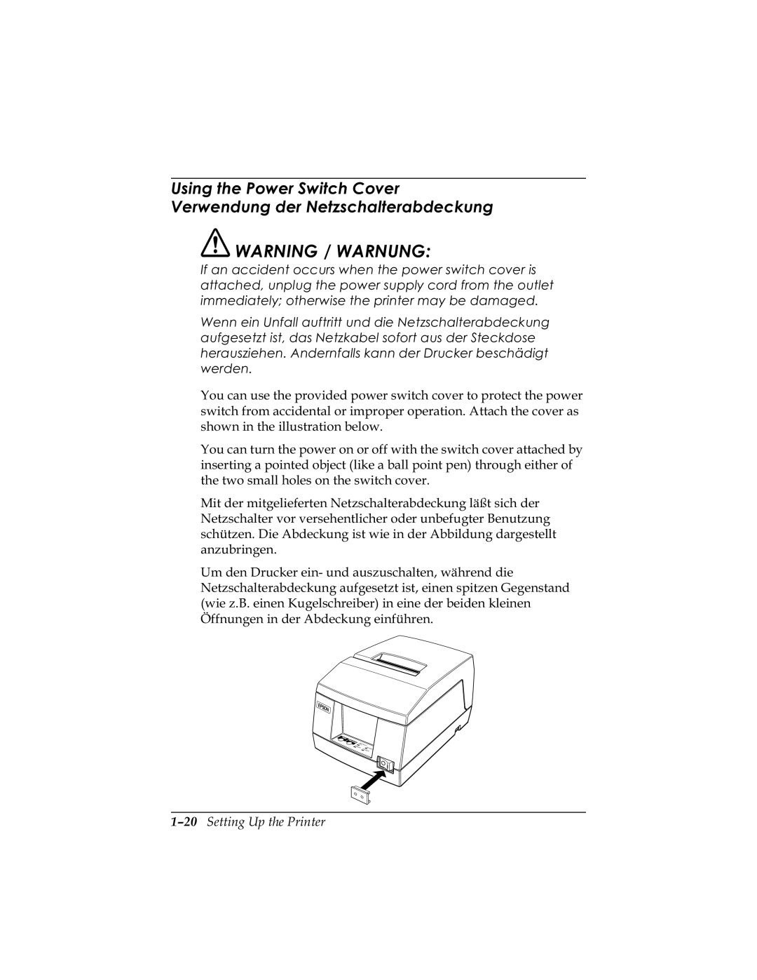 Epson U325D, U325PD user manual 8VLQJWKH3RZHU6ZLWFK&RYHU 9HUZHQGXQJGHU1HWVFKDOWHUDEGHFNXQJ, Dqxeulqjhq 