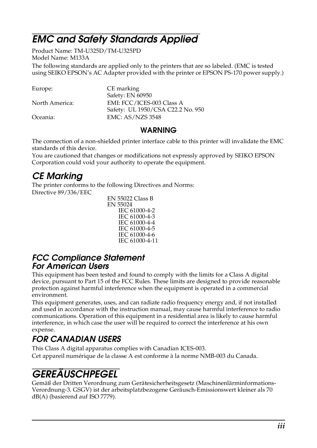 Epson U325PD, U325D user manual Gereäuschpegel 