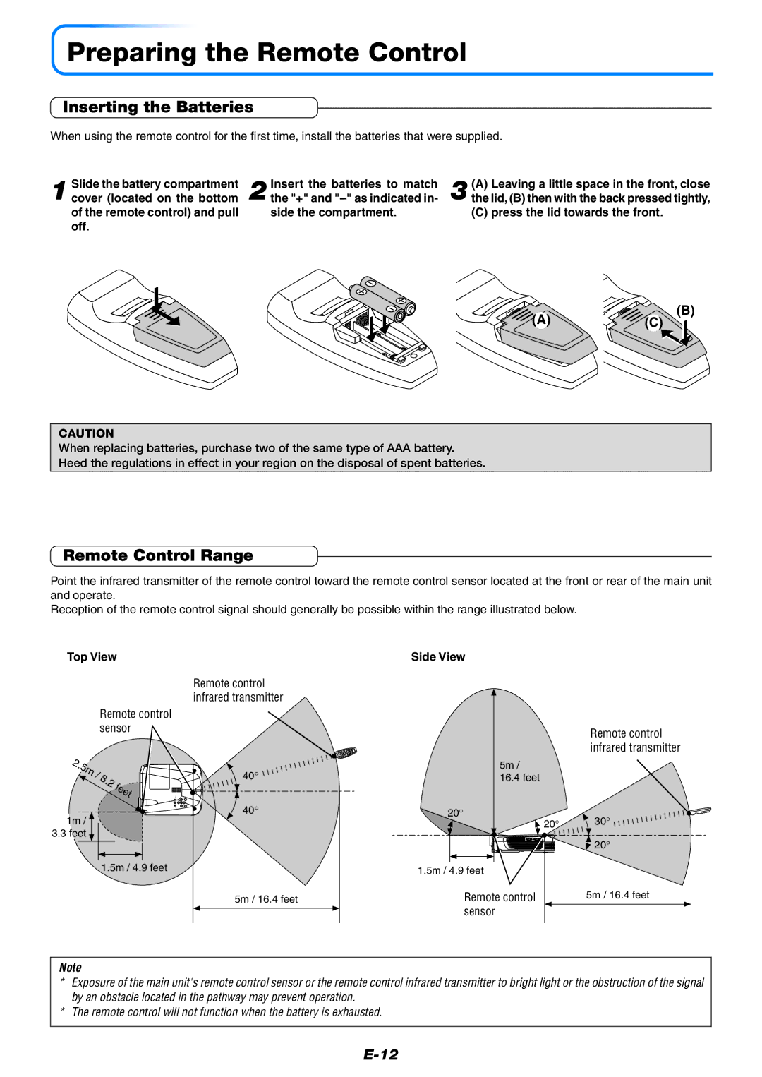 Epson U7-137, U7-132 user manual Preparing the Remote Control, Inserting the Batteries, Remote Control Range 