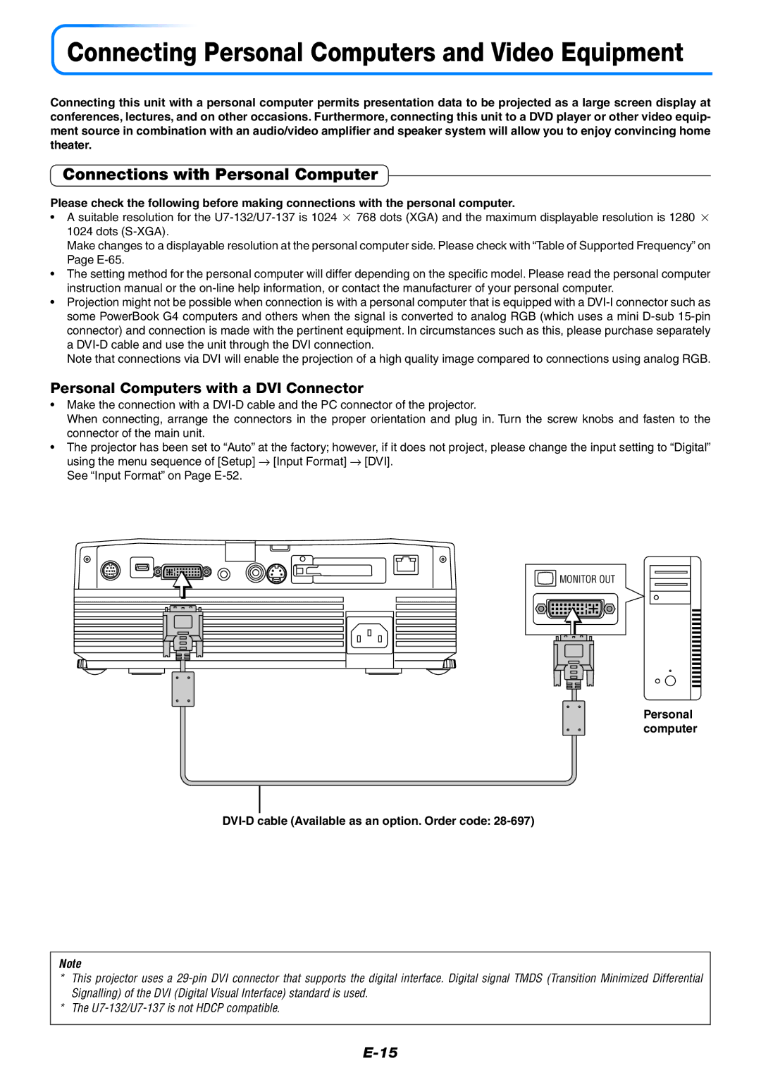 Epson U7-132, U7-137 user manual Connections with Personal Computer, Personal Computers with a DVI Connector 