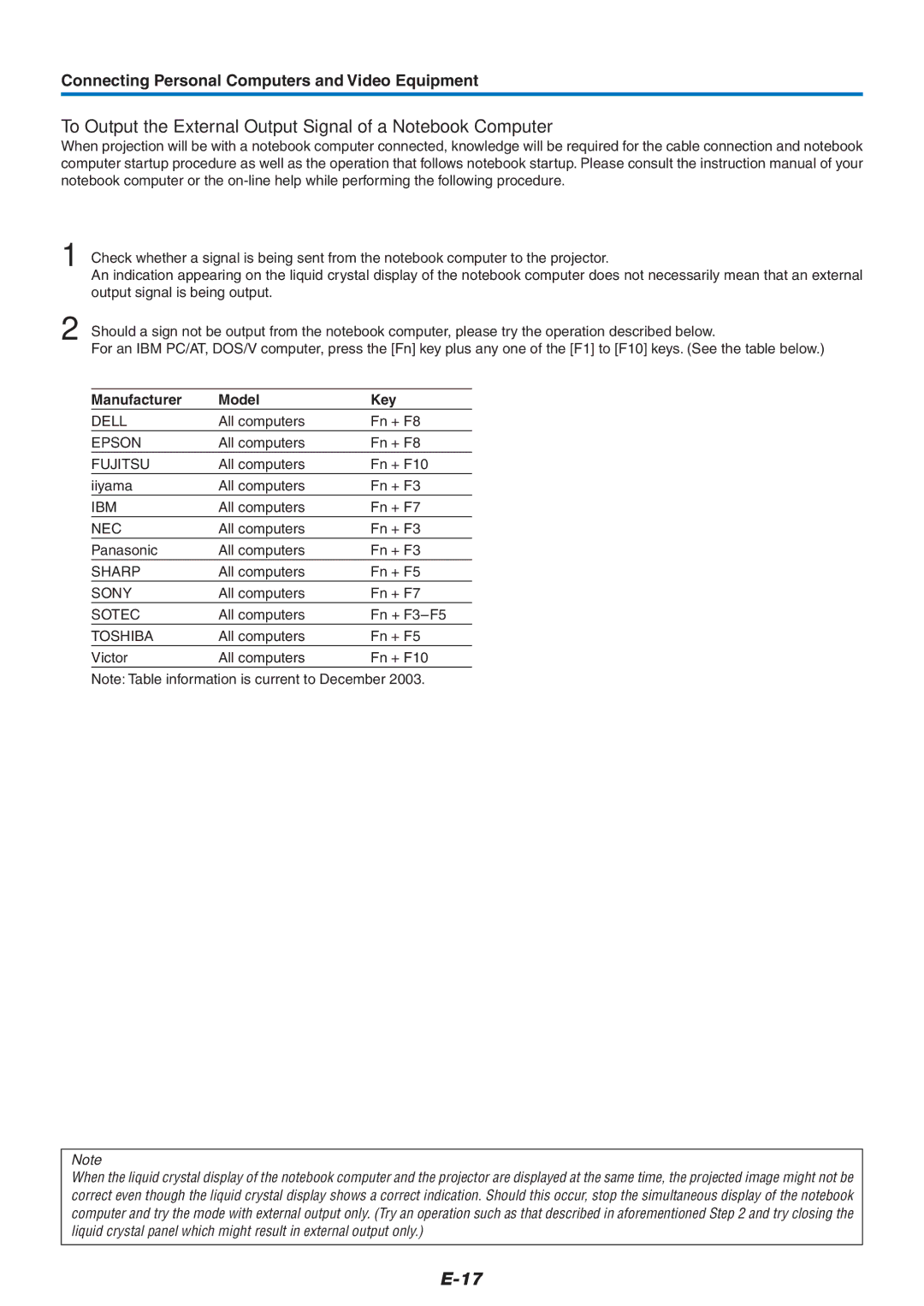 Epson U7-132, U7-137 user manual To Output the External Output Signal of a Notebook Computer, Manufacturer Model Key 