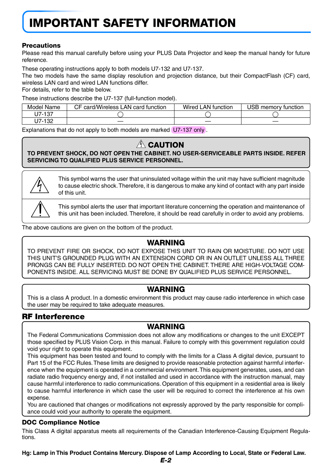 Epson U7-137, U7-132 user manual Precautions, DOC Compliance Notice 