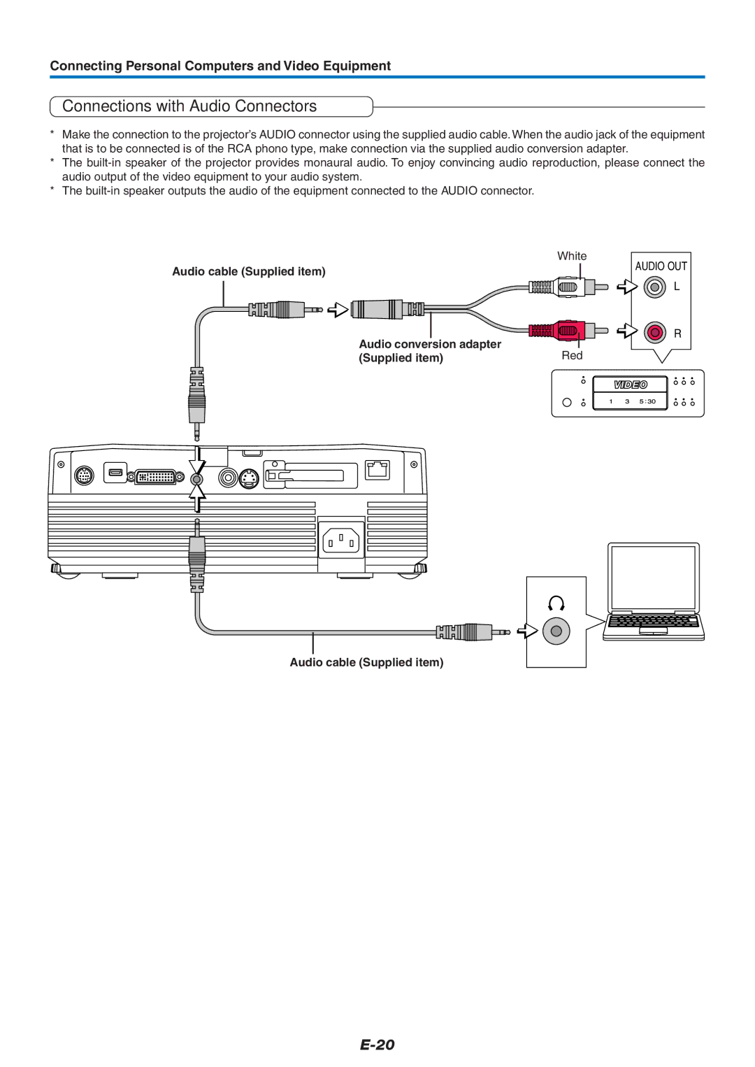 Epson U7-137, U7-132 user manual Connections with Audio Connectors, Audio cable Supplied item, Audio conversion adapter 