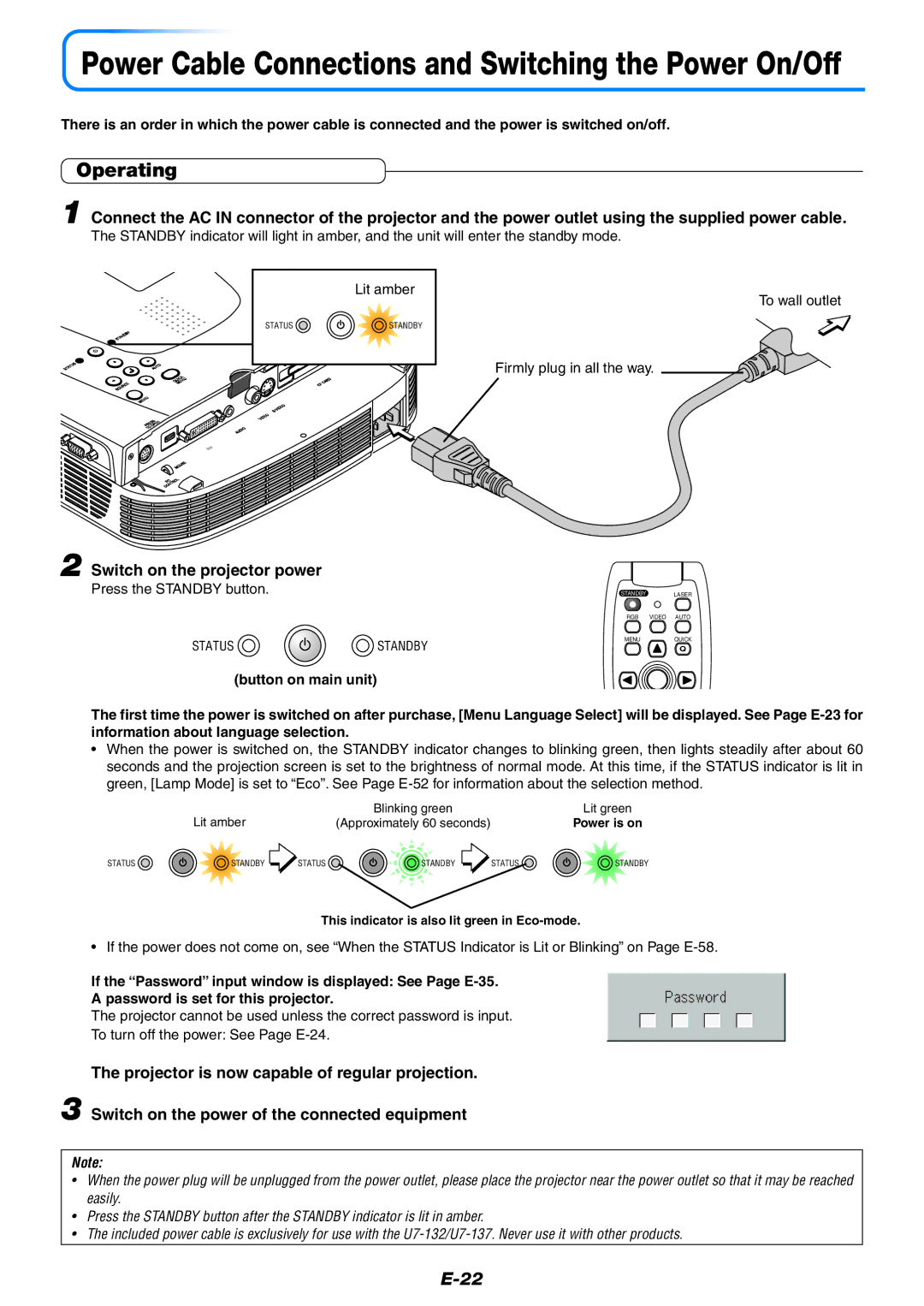 Epson U7-137, U7-132 user manual Operating, Switch on the projector power, Button on main unit 