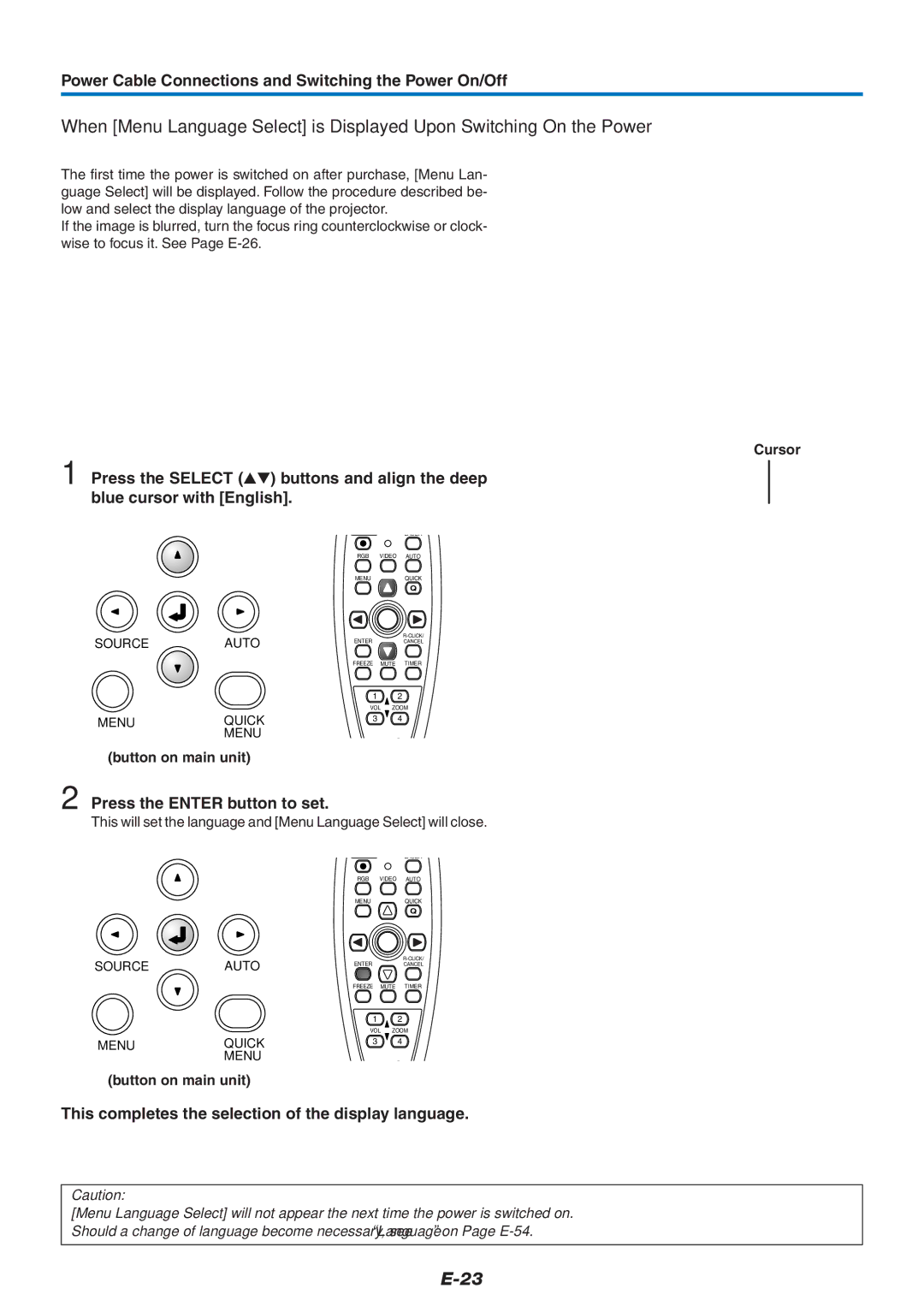 Epson U7-132, U7-137 Power Cable Connections and Switching the Power On/Off, Press the Enter button to set, Cursor 