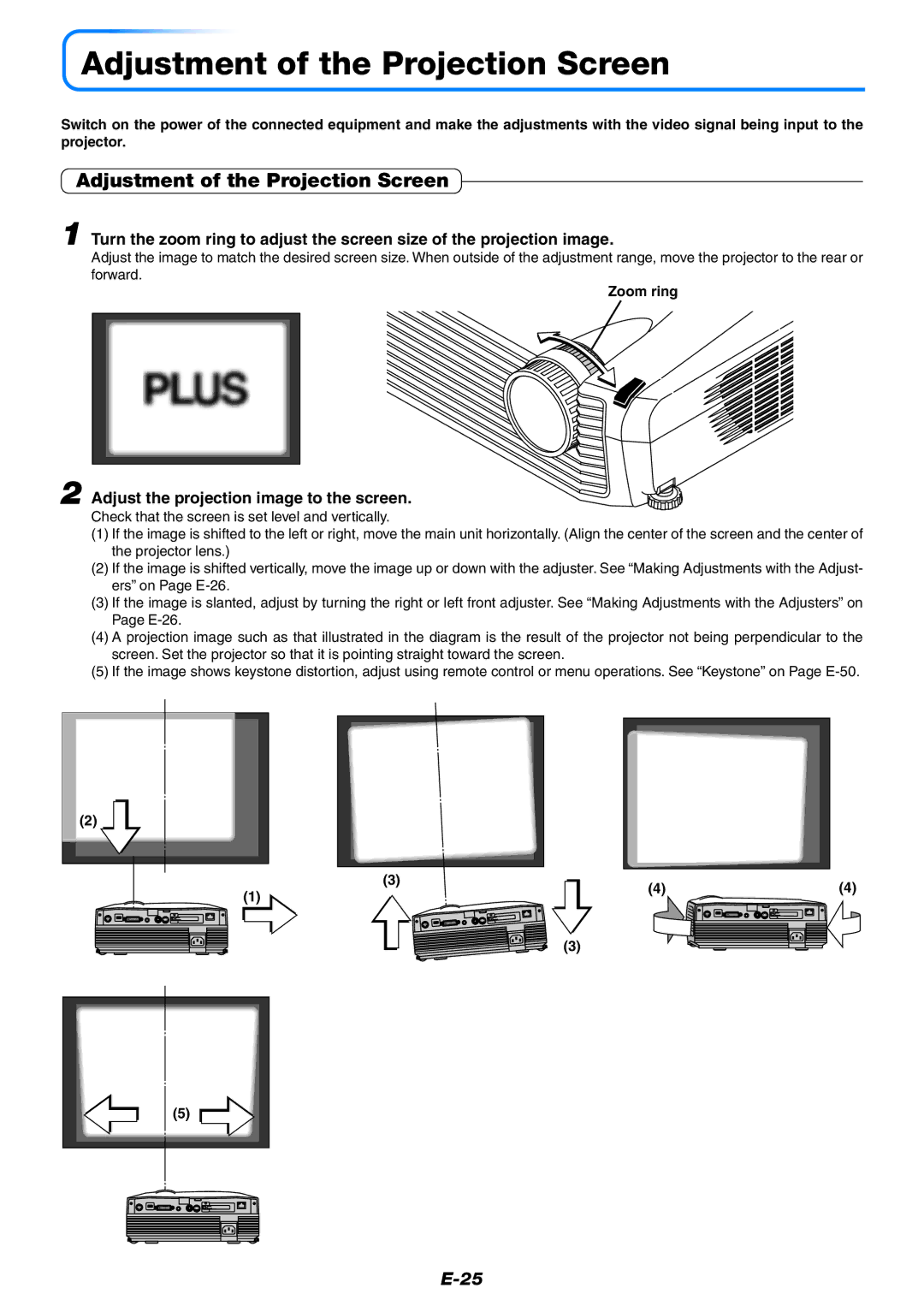 Epson U7-132, U7-137 user manual Adjustment of the Projection Screen, Adjust the projection image to the screen, Zoom ring 