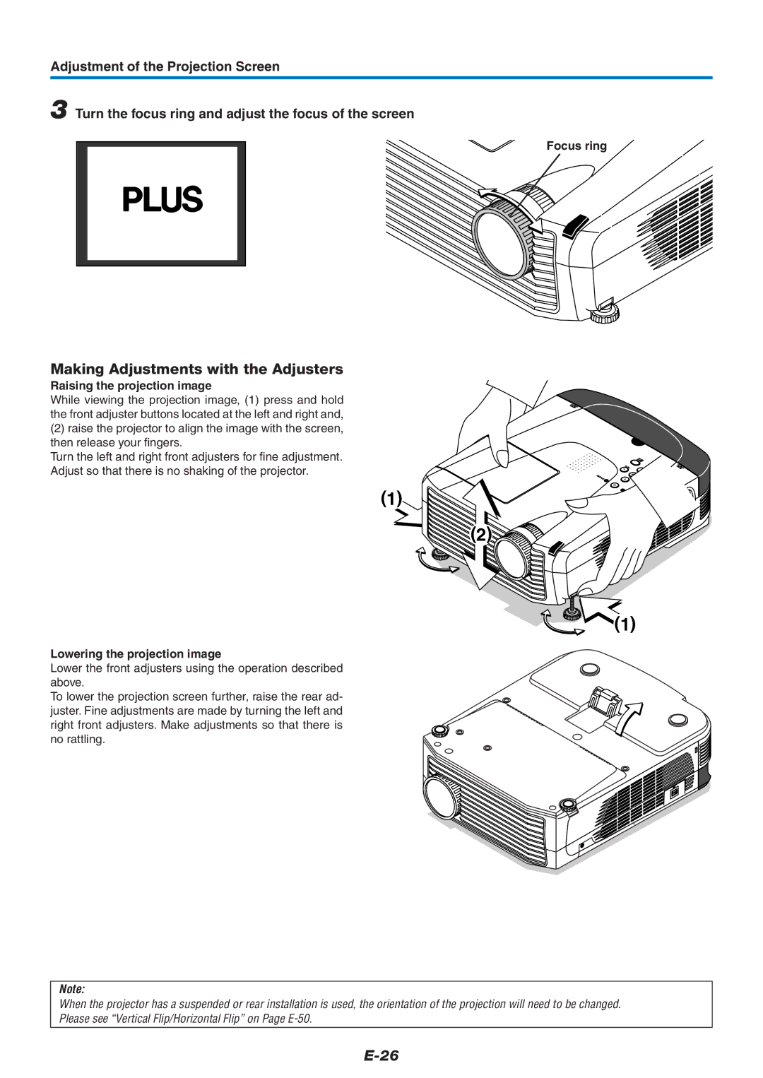 Epson U7-137, U7-132 user manual Making Adjustments with the Adjusters, Focus ring, Raising the projection image 