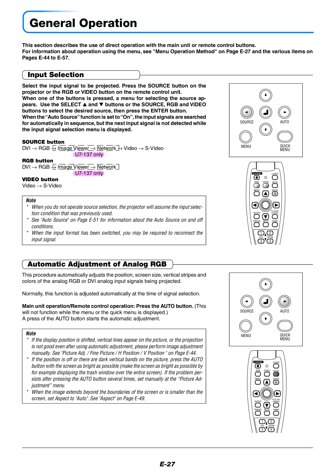 Epson U7-132, U7-137 user manual General Operation, Input Selection, Automatic Adjustment of Analog RGB 