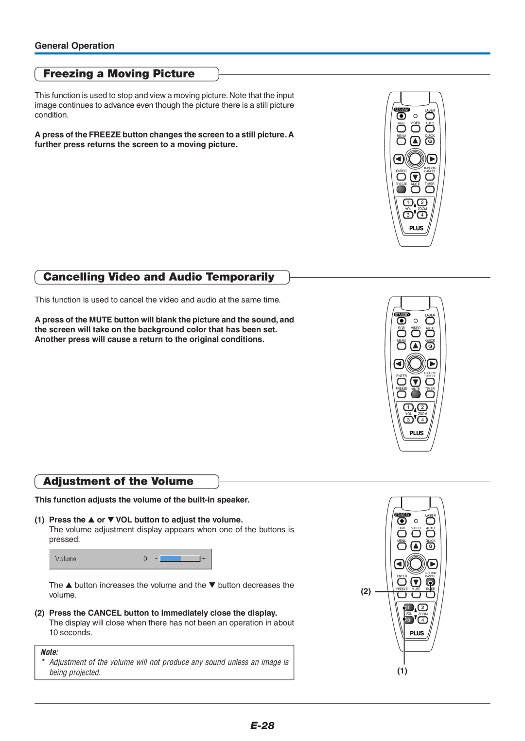 Epson U7-137, U7-132 user manual Freezing a Moving Picture, Cancelling Video and Audio Temporarily, Adjustment of the Volume 