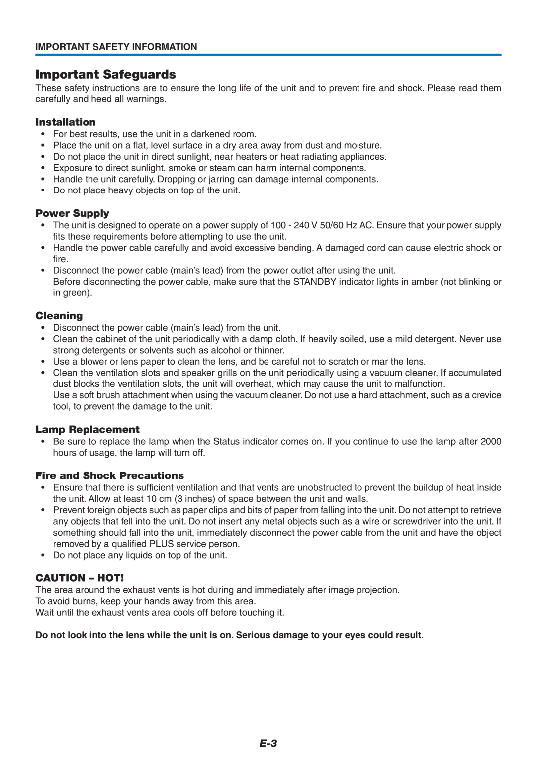 Epson U7-132, U7-137 user manual Installation, Power Supply, Cleaning, Lamp Replacement, Fire and Shock Precautions 