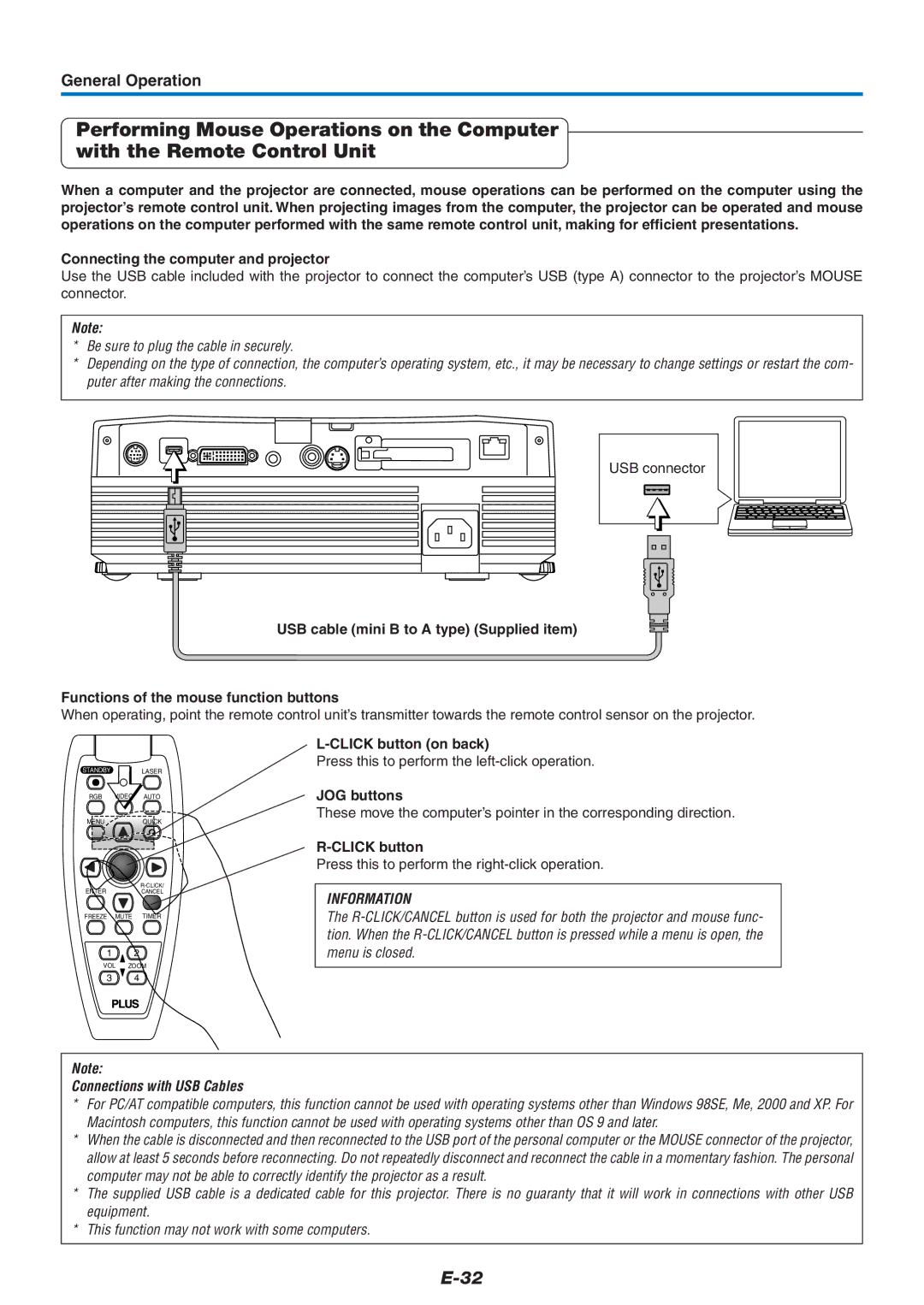 Epson U7-137, U7-132 user manual Connecting the computer and projector, Click button on back, JOG buttons 