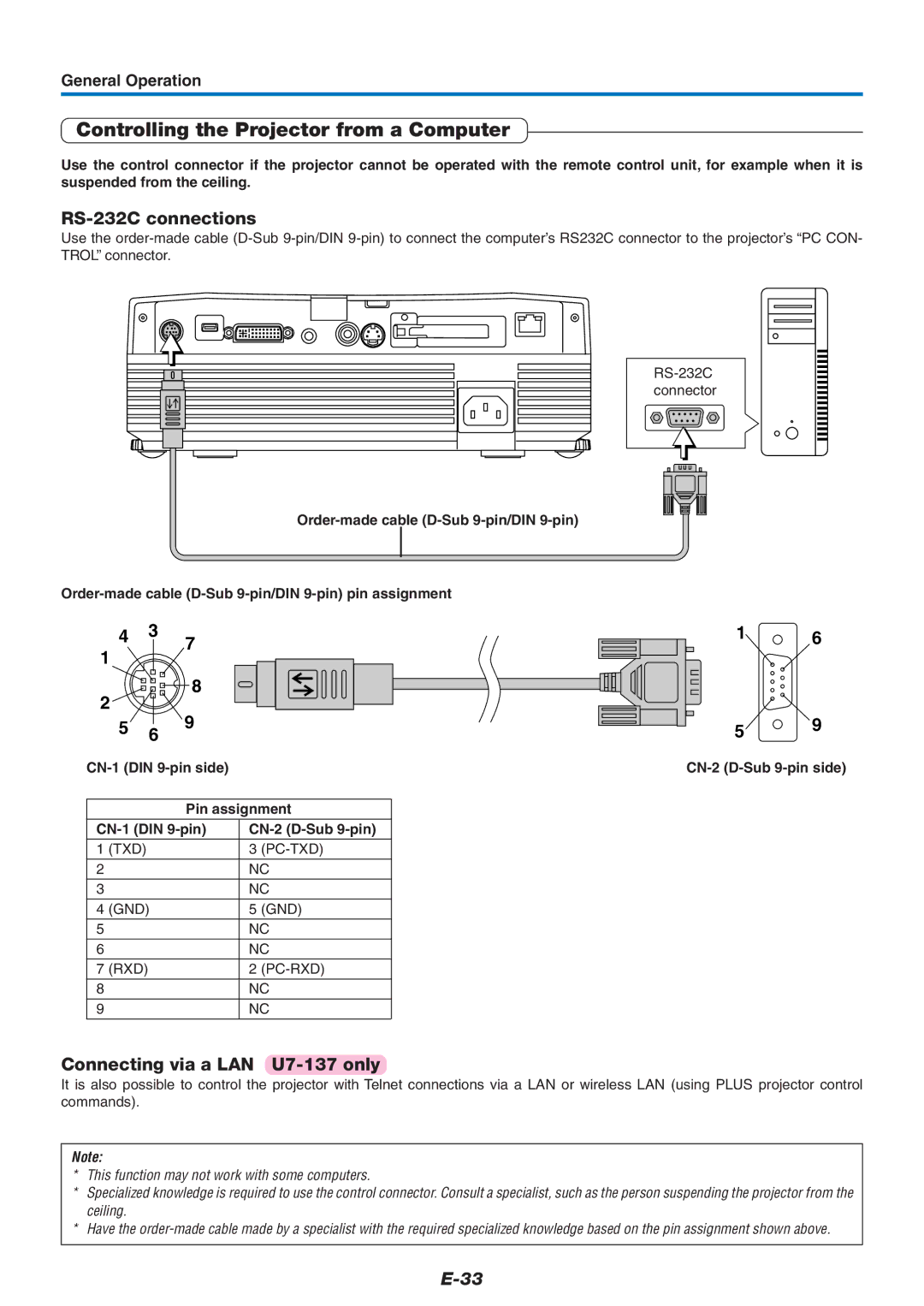 Epson U7-132 user manual Controlling the Projector from a Computer, RS-232C connections, Connecting via a LAN U7-137 only 