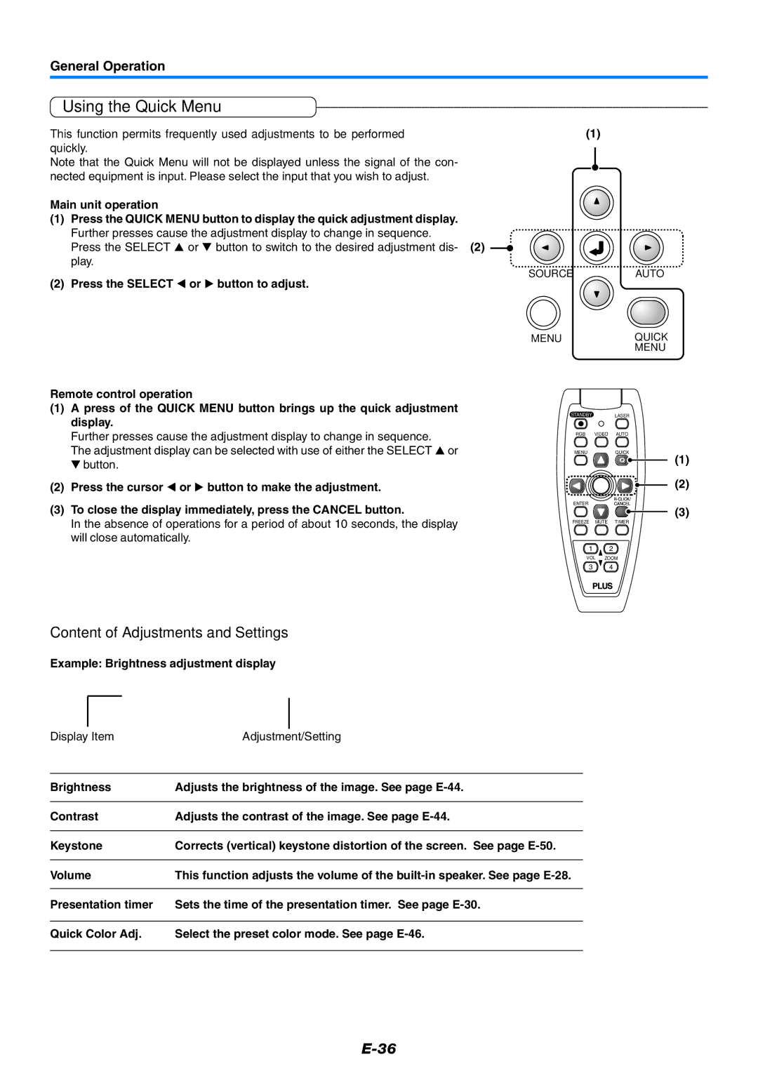 Epson U7-137, U7-132 user manual Using the Quick Menu, Content of Adjustments and Settings, Main unit operation, Volume 