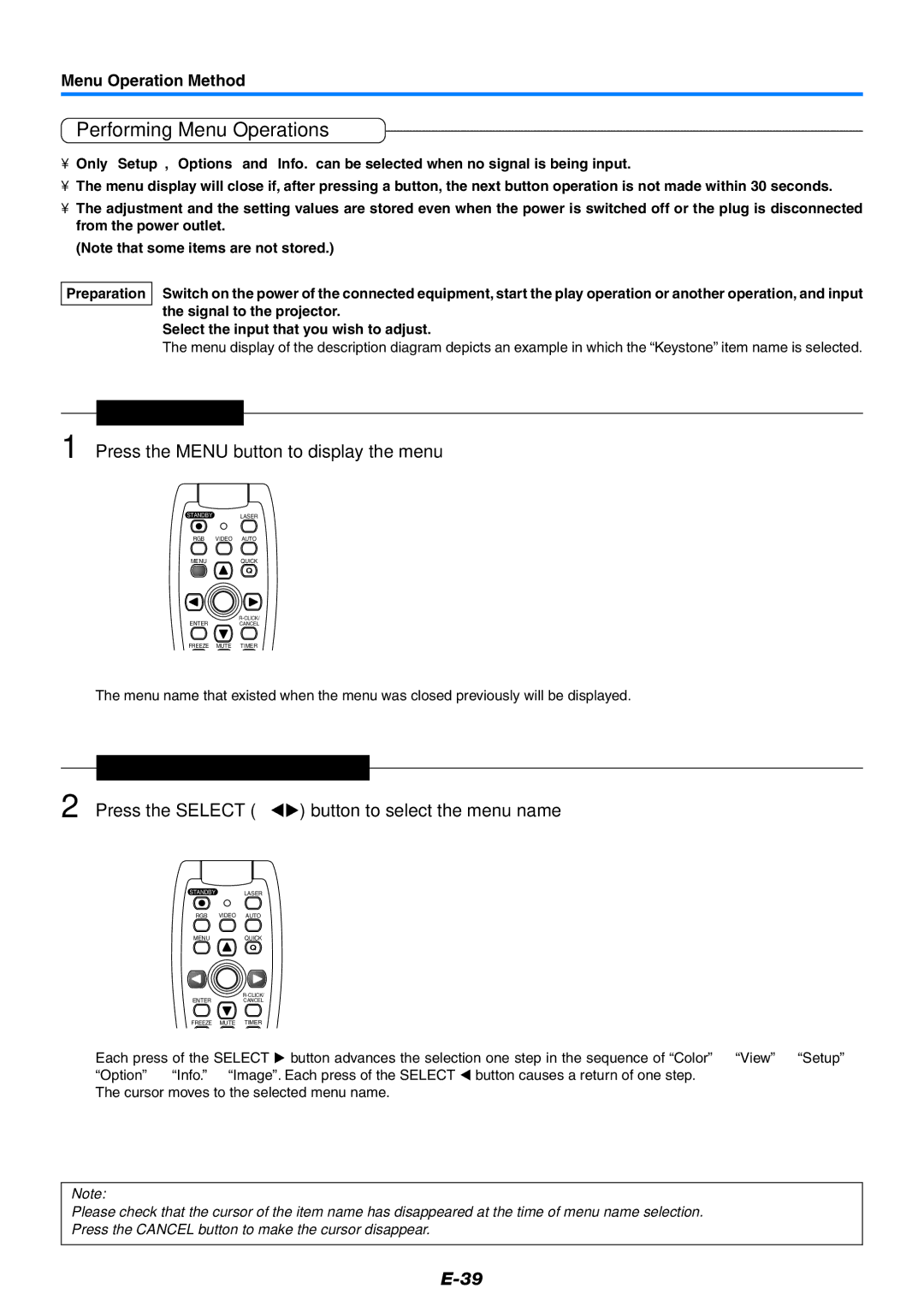 Epson U7-132, U7-137 user manual Performing Menu Operations, Menu Display Press the Menu button to display the menu 