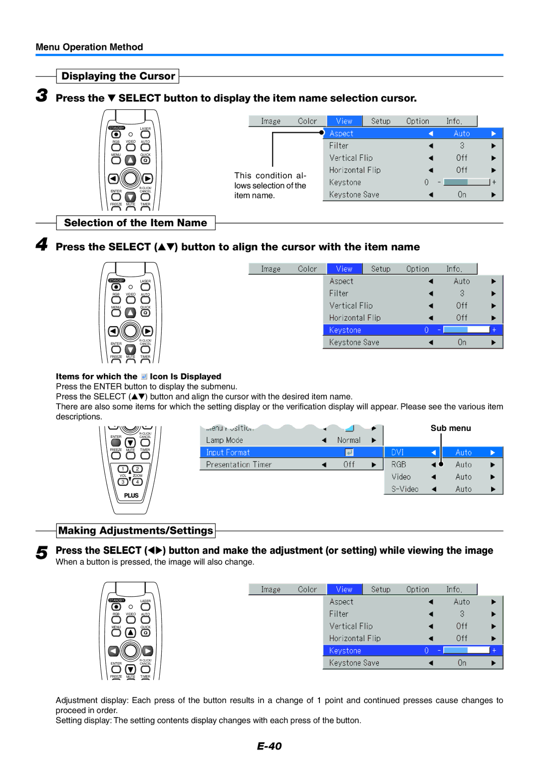 Epson U7-137, U7-132 user manual Making Adjustments/Settings, Sub menu 