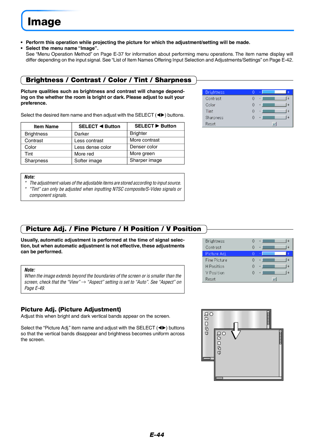 Epson U7-137, U7-132 user manual Image, Brightness / Contrast / Color / Tint / Sharpness, Picture Adj. Picture Adjustment 