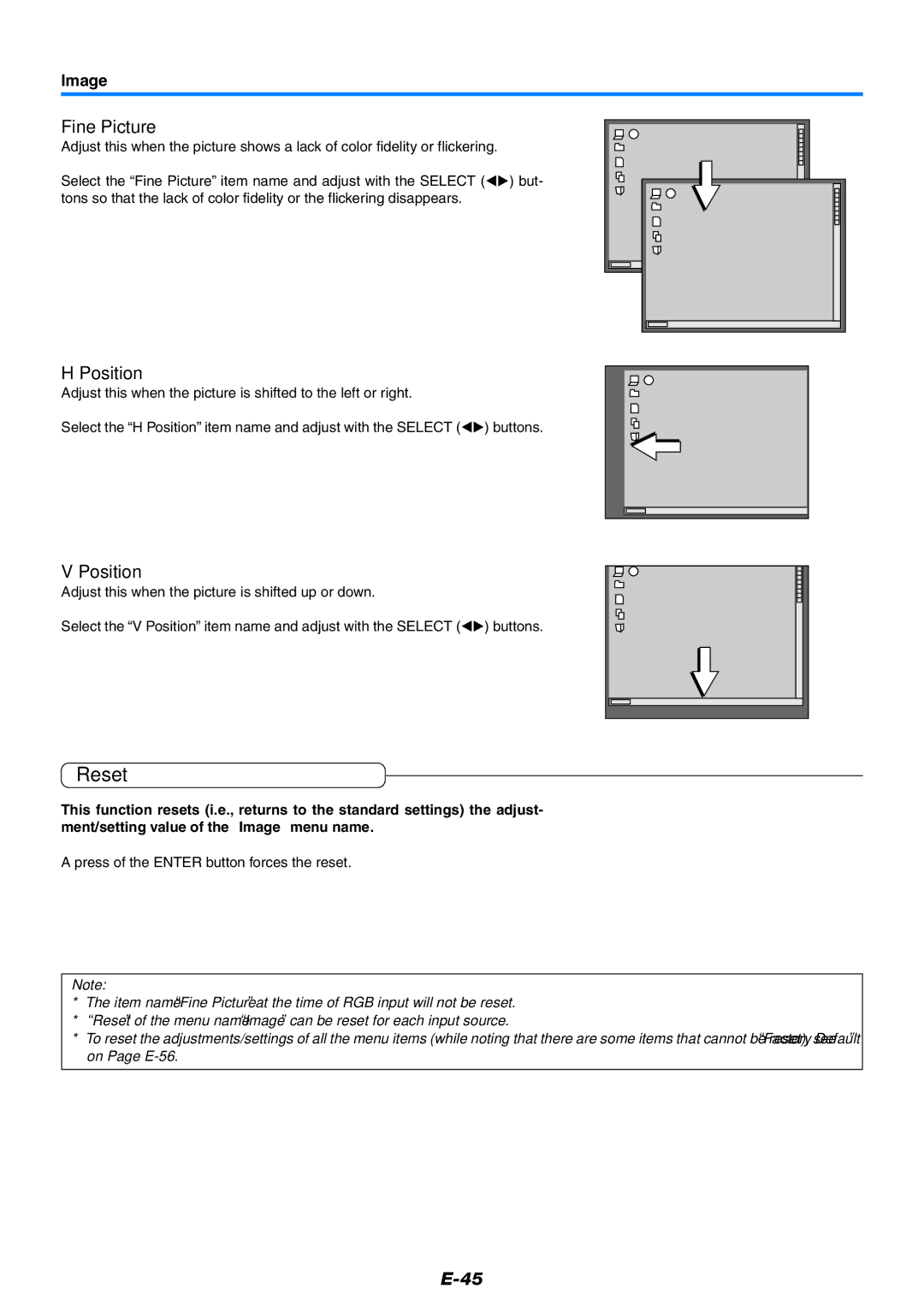 Epson U7-132, U7-137 user manual Reset, Fine Picture, Position, Image 