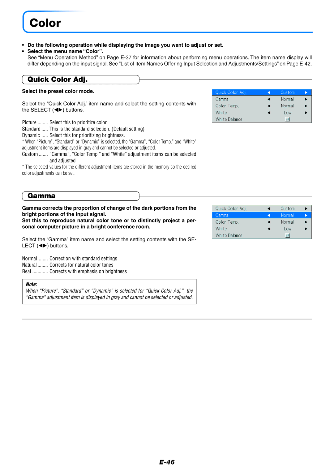 Epson U7-137, U7-132 user manual Quick Color Adj, Gamma, Select the preset color mode 