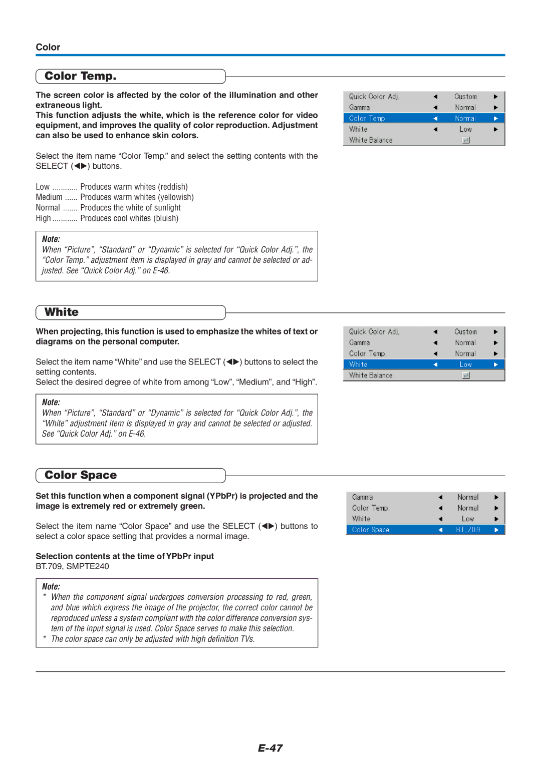 Epson U7-132, U7-137 user manual Color Temp, White, Color Space, Selection contents at the time of YPbPr input 