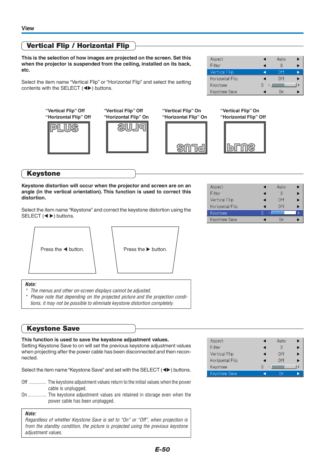 Epson U7-137, U7-132 user manual Vertical Flip / Horizontal Flip, Keystone Save, View 