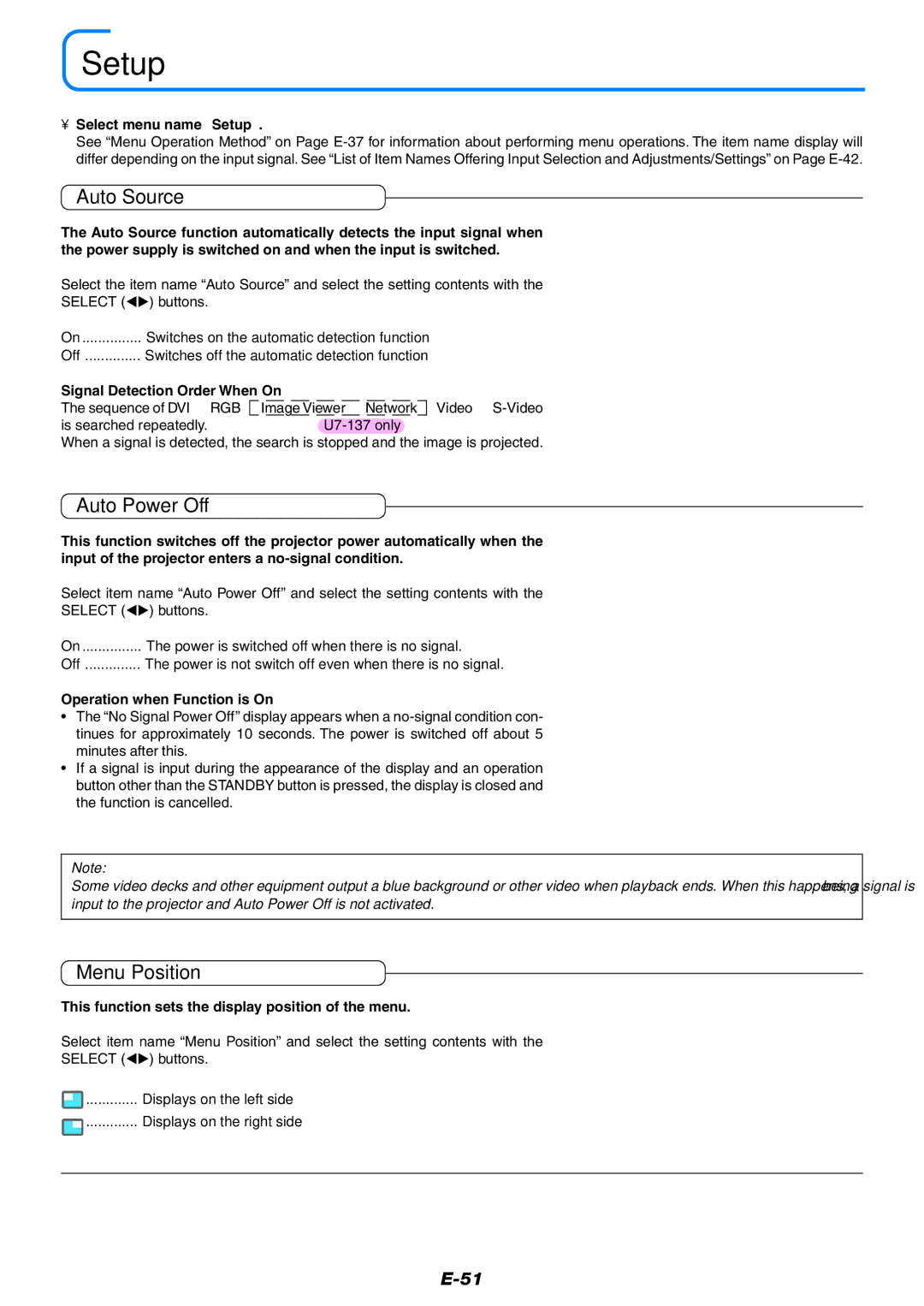 Epson U7-132, U7-137 user manual Setup, Auto Source, Auto Power Off, Menu Position 