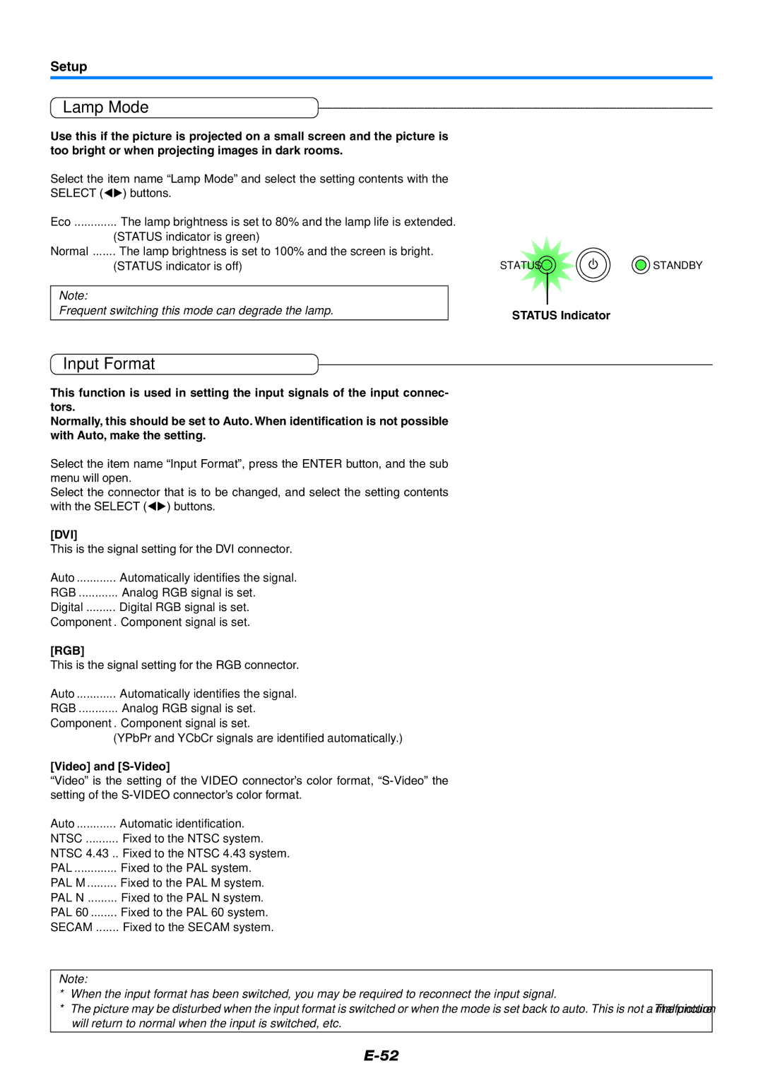 Epson U7-137, U7-132 user manual Lamp Mode, Input Format, Setup, Status Indicator, Video and S-Video 