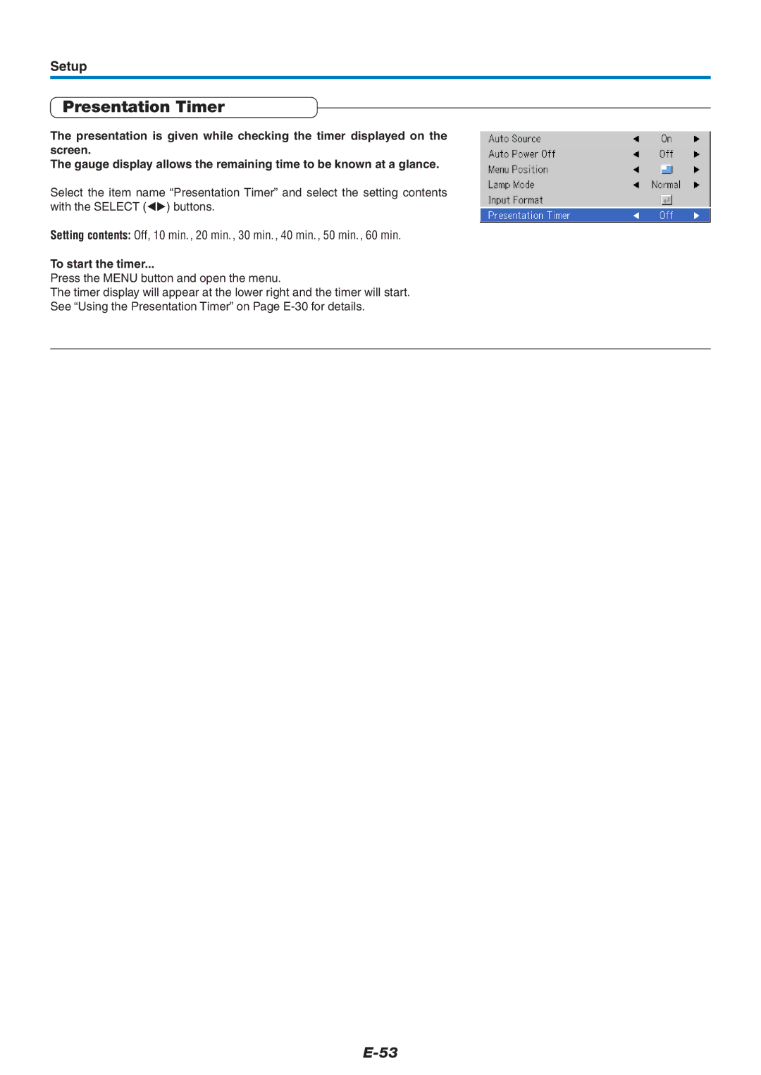 Epson U7-132, U7-137 user manual Presentation Timer, To start the timer 