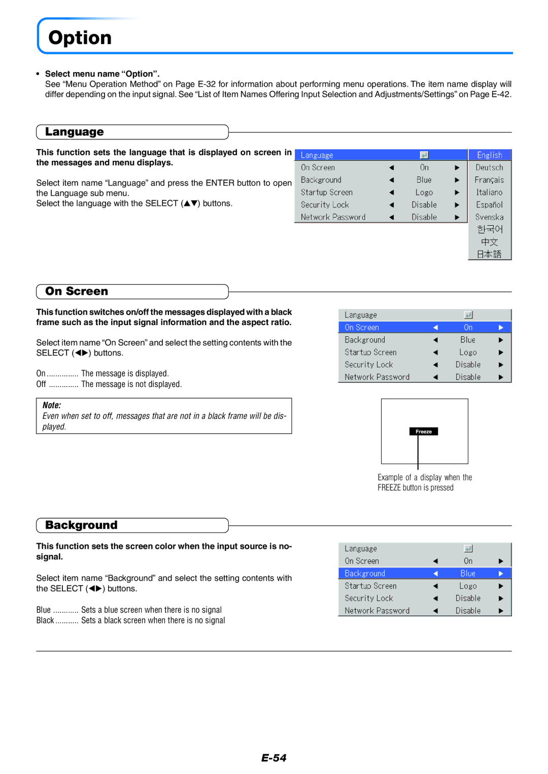 Epson U7-137, U7-132 user manual Language, On Screen, Background, Select menu name Option 