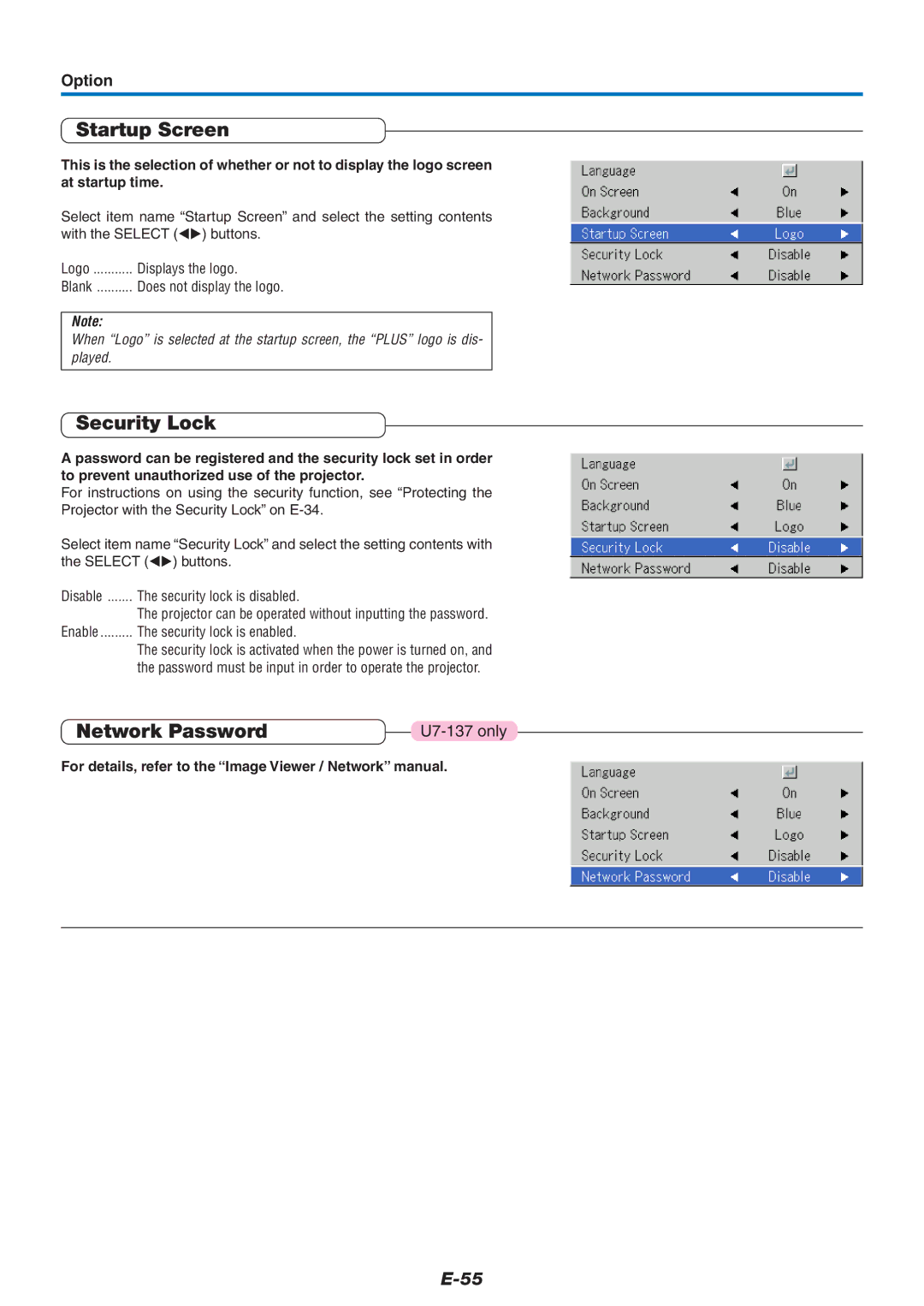 Epson U7-132, U7-137 user manual Startup Screen, Security Lock, Network Password, Option 