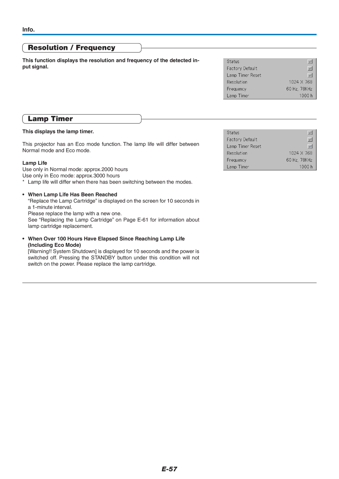 Epson U7-132, U7-137 user manual Resolution / Frequency, Lamp Timer, Info 