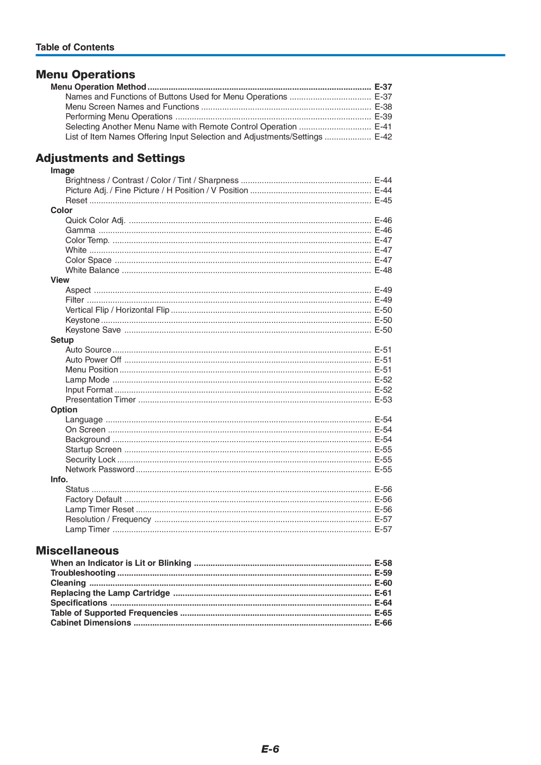 Epson U7-137, U7-132 user manual Menu Operations, Adjustments and Settings, Miscellaneous, Table of Contents 