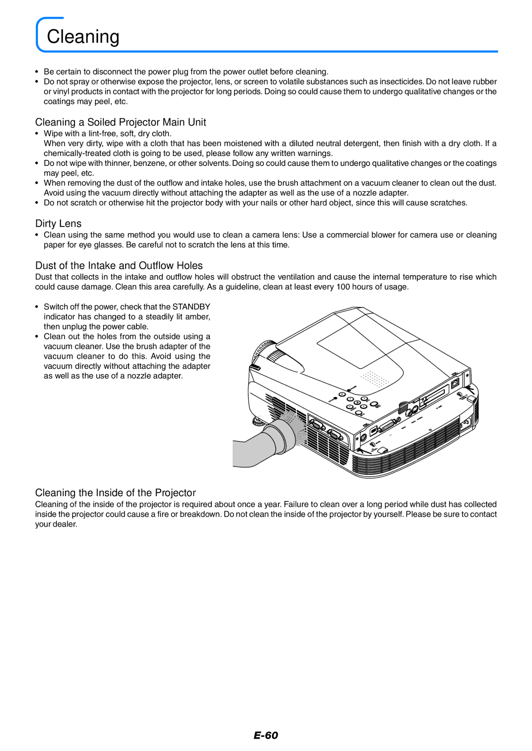 Epson U7-137, U7-132 user manual Cleaning a Soiled Projector Main Unit, Dirty Lens, Dust of the Intake and Outflow Holes 