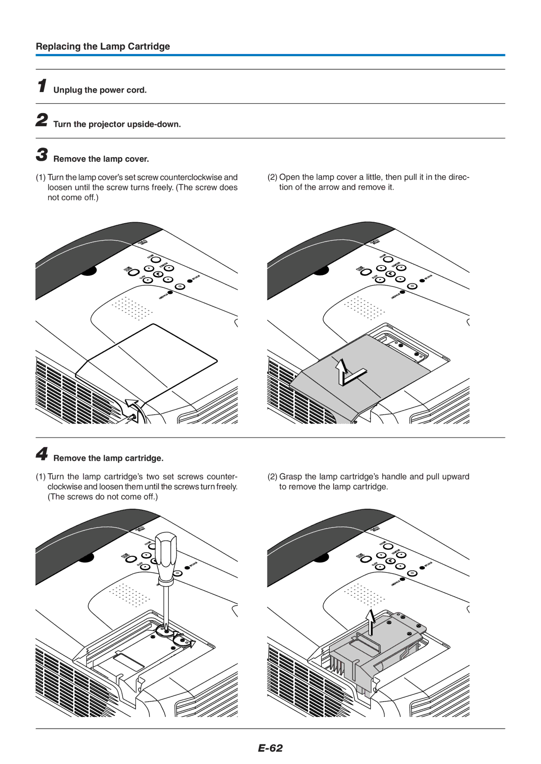 Epson U7-137, U7-132 user manual Replacing the Lamp Cartridge, Remove the lamp cartridge 