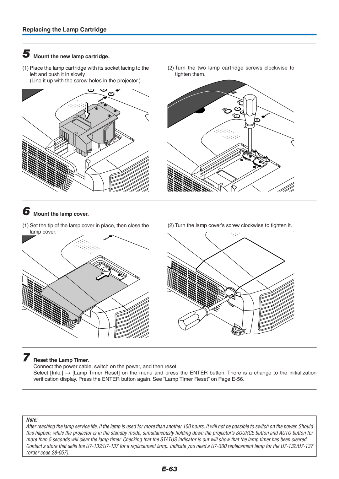 Epson U7-132, U7-137 user manual Mount the new lamp cartridge, Mount the lamp cover, Reset the Lamp Timer 