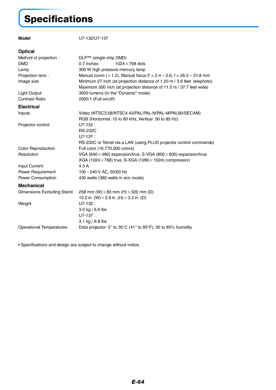 Epson user manual Specifications, Optical, Electrical, Mechanical, Model U7-132/U7-137 