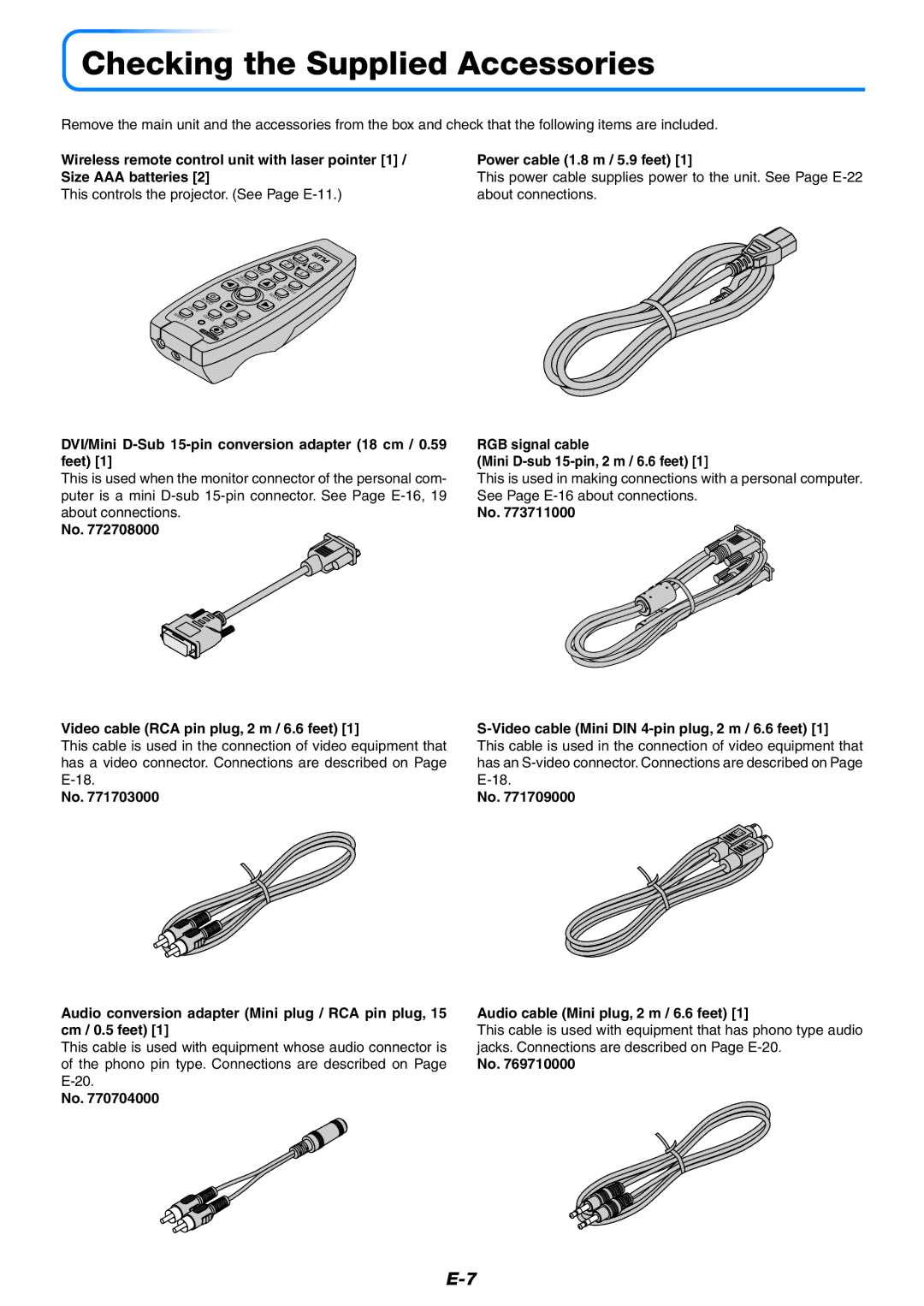 Epson U7-132, U7-137 Checking the Supplied Accessories, DVI/Mini D-Sub 15-pin conversion adapter 18 cm / 0.59 feet 