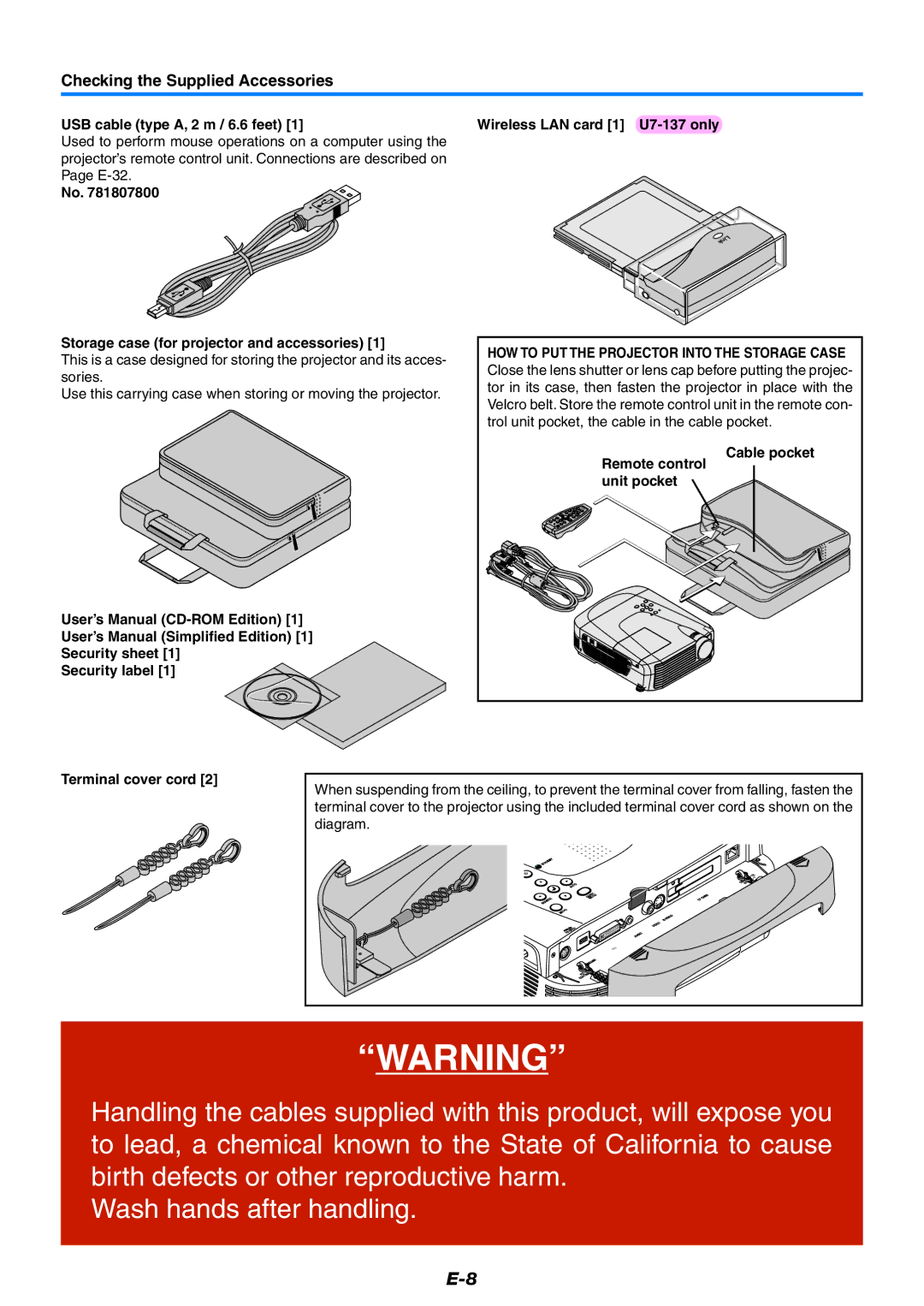 Epson U7-137 Checking the Supplied Accessories, USB cable type A, 2 m / 6.6 feet, Cable pocket, Terminal cover cord 