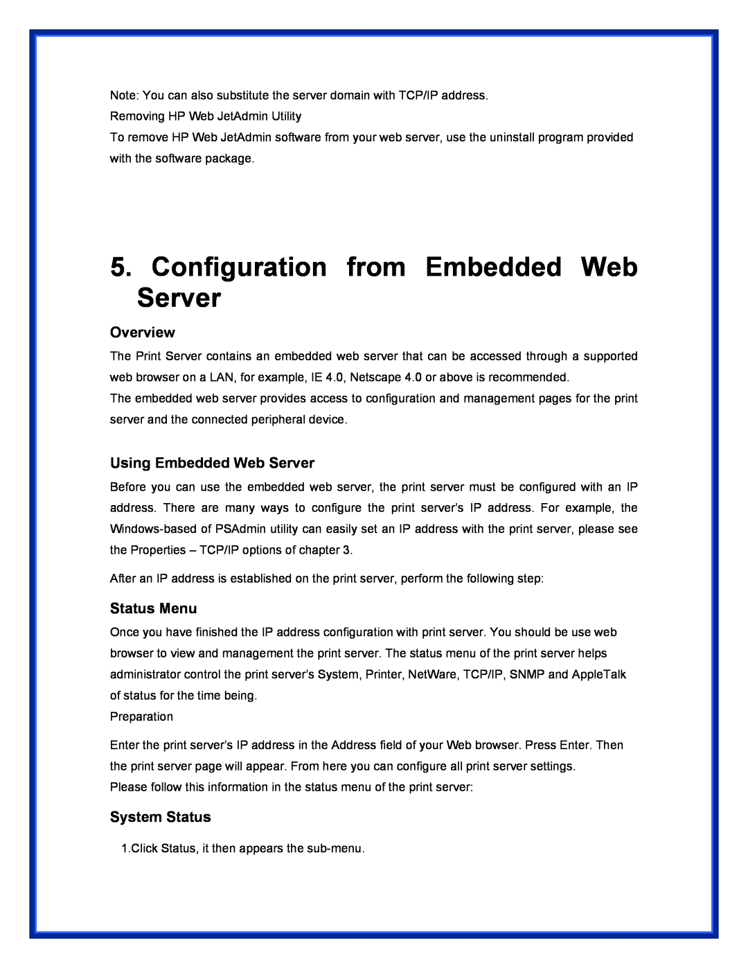 Epson (USB 2.0) Configuration from Embedded Web Server, Overview, Using Embedded Web Server, Status Menu, System Status 