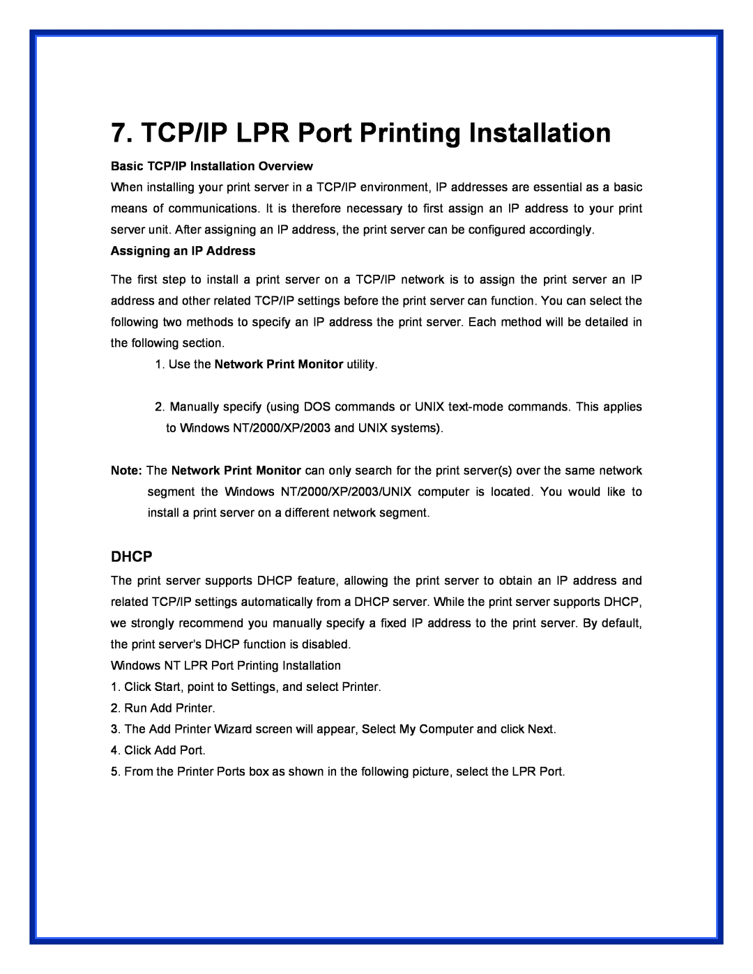 Epson (USB 2.0) TCP/IP LPR Port Printing Installation, Dhcp, Basic TCP/IP Installation Overview, Assigning an IP Address 