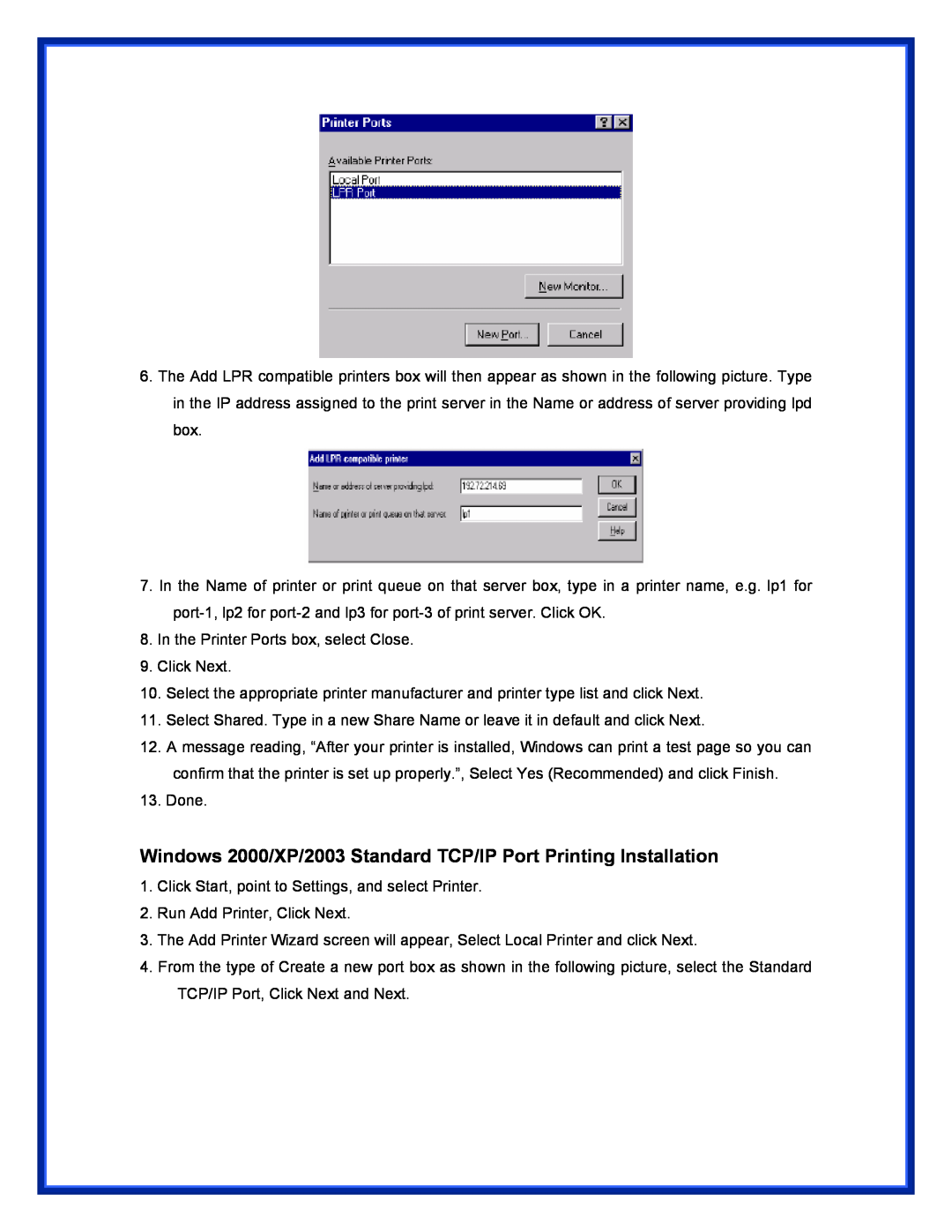 Epson (USB 2.0) user manual Windows 2000/XP/2003 Standard TCP/IP Port Printing Installation 