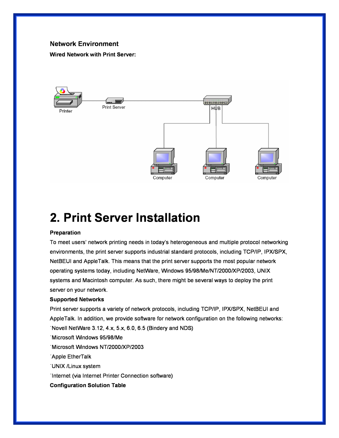 Epson (USB 2.0) user manual Print Server Installation, Network Environment, Wired Network with Print Server, Preparation 