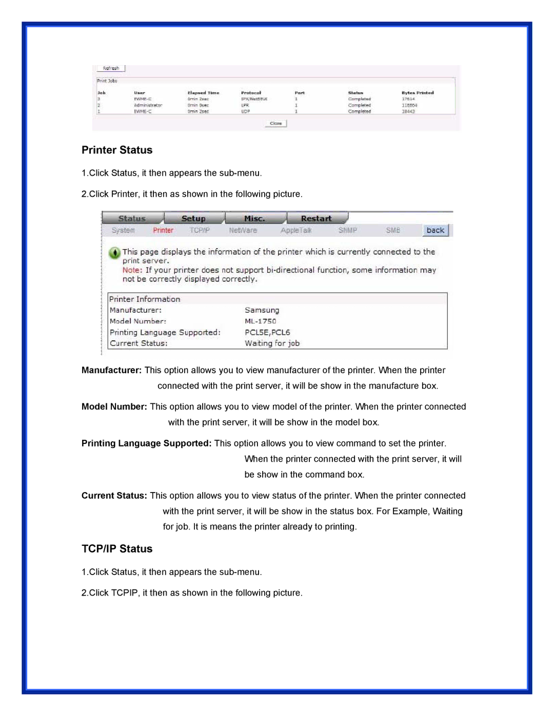 Epson (USB 2.0) user manual Printer Status, TCP/IP Status 