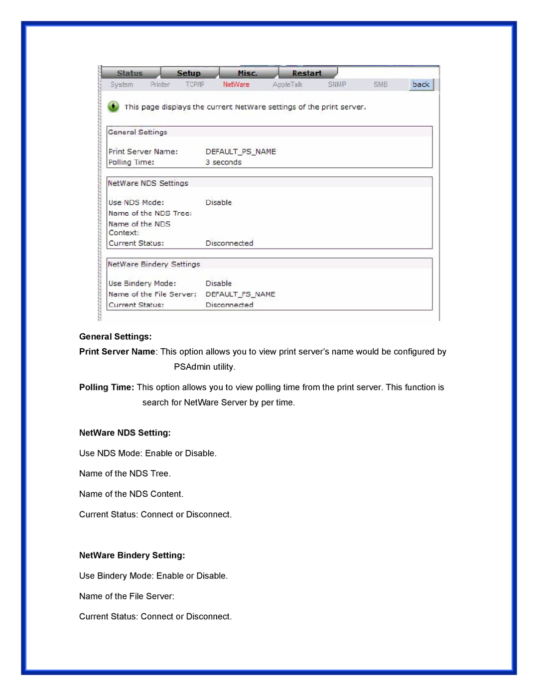 Epson (USB 2.0) user manual General Settings, NetWare NDS Setting, NetWare Bindery Setting 