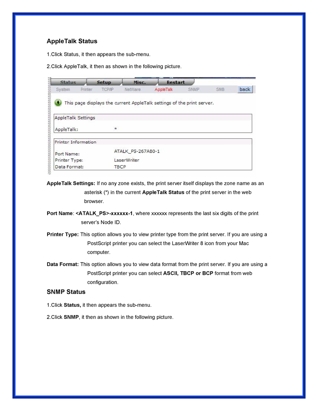 Epson (USB 2.0) user manual AppleTalk Status, Snmp Status 