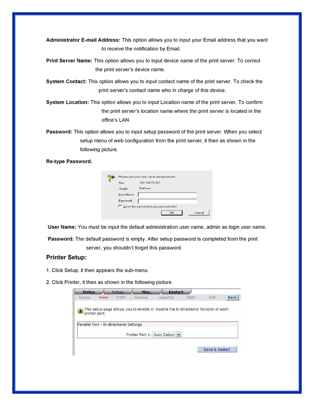 Epson (USB 2.0) user manual Printer Setup, Re-type Password 