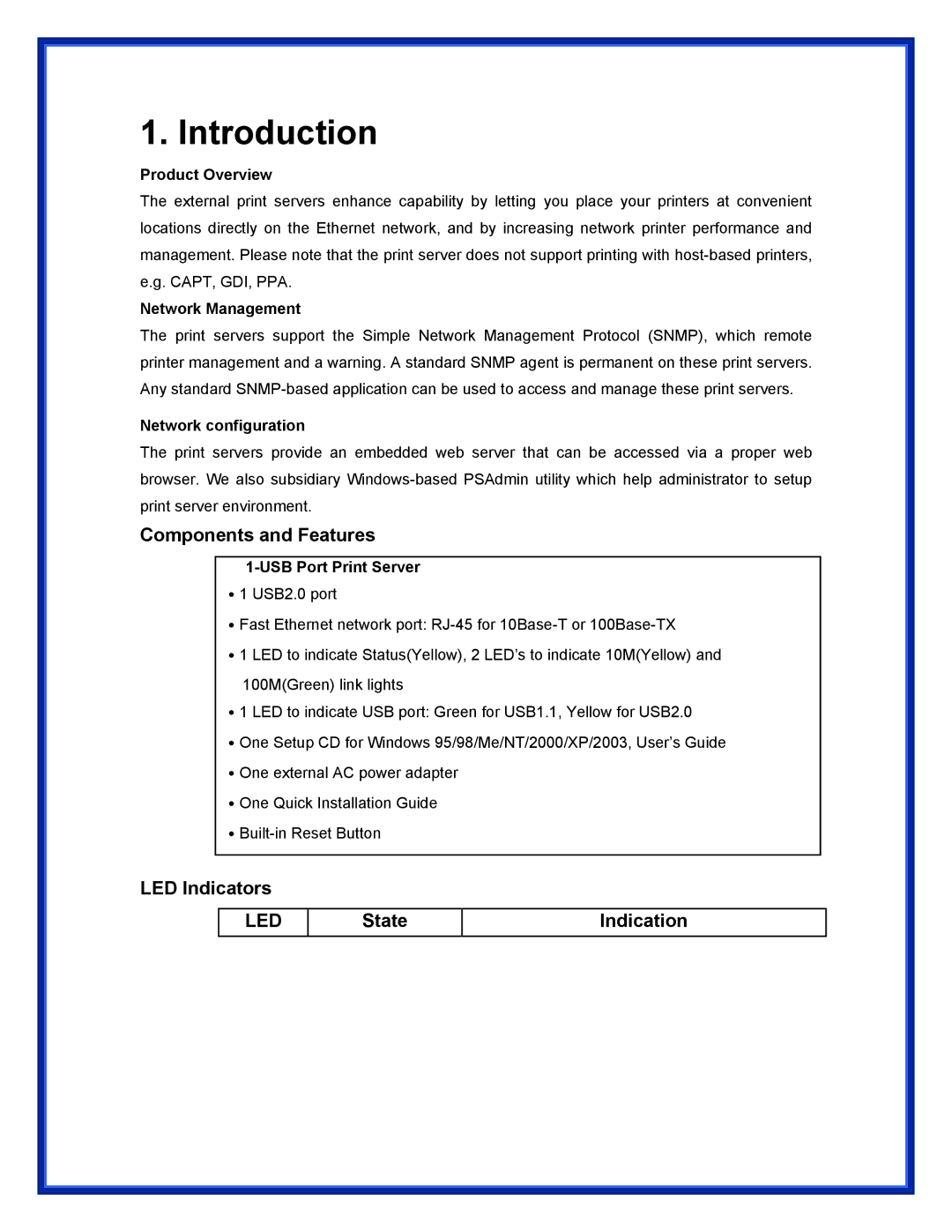 Epson (USB 2.0) user manual Introduction, Components and Features, LED Indicators, State Indication 