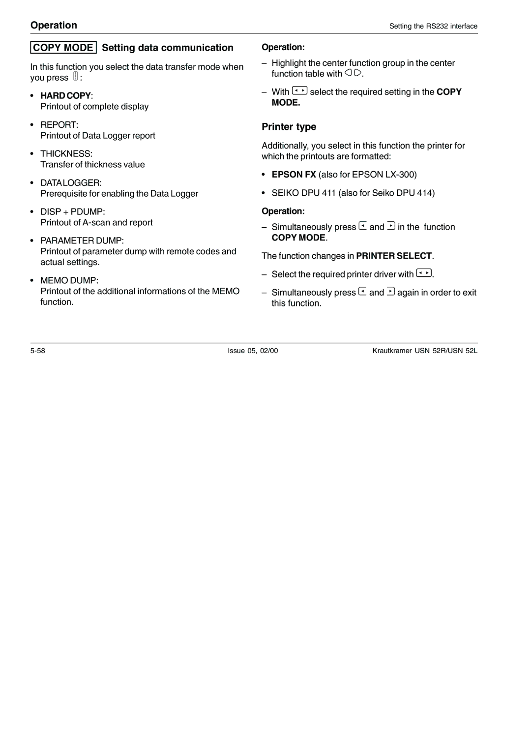 Epson USN 52R, USN 52L manual Copy Mode Setting data communication, Printer type, Hard Copy 