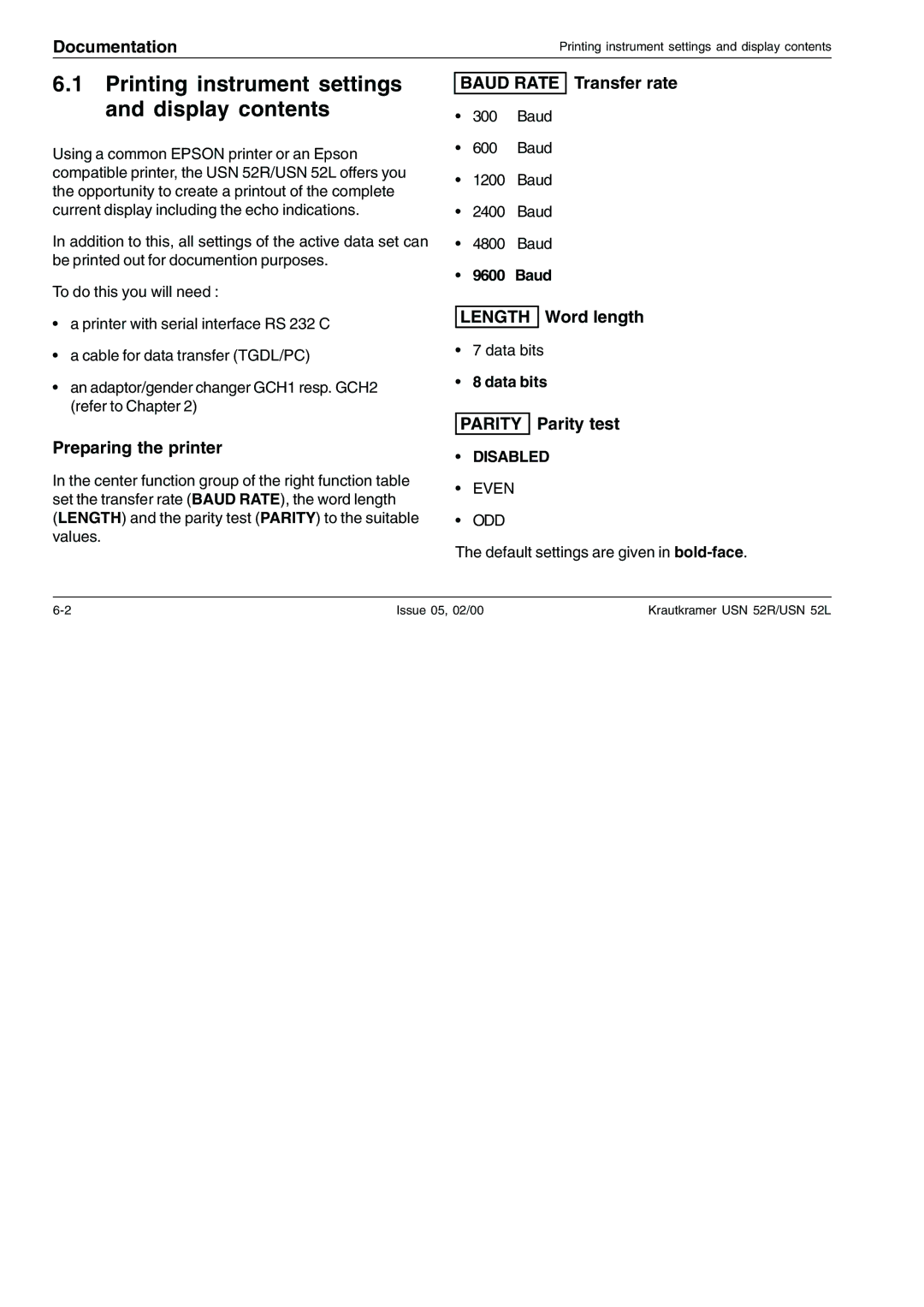 Epson USN 52R, USN 52L manual Printing instrument settings and display contents 